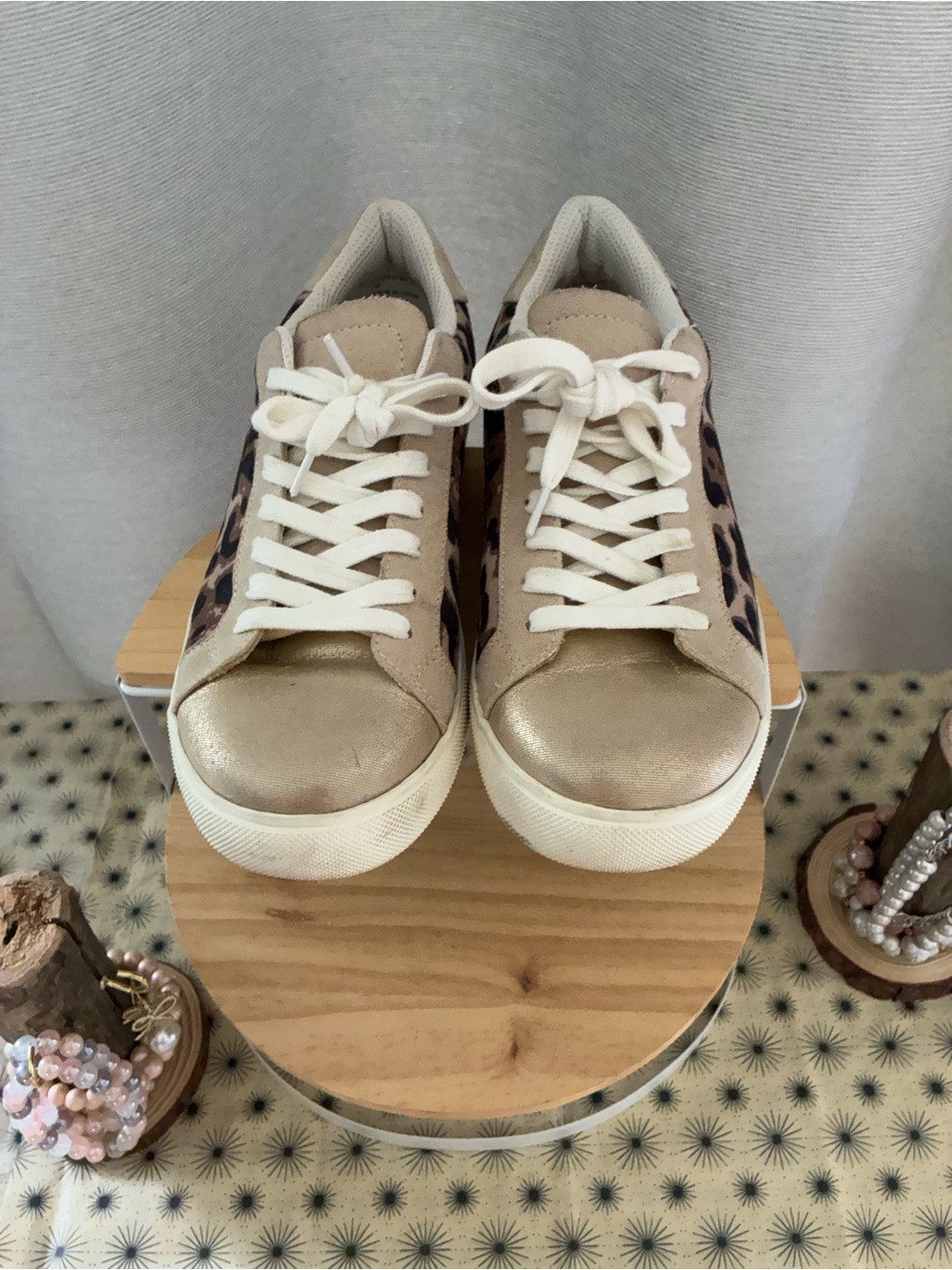 Isaac Mizrahi Beige and Leopard Print Low-Top Sneakers - Picture 3 of 8